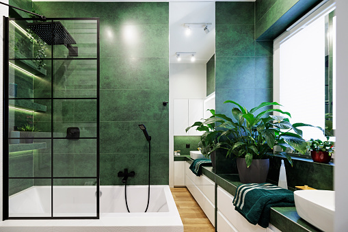 Modern luxury bathroom with green and white tiles. Bathtub and black rain shower head.\nCanon R5.