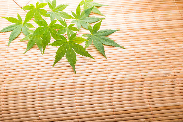 Photo of Green maple leaves on the rattan mat