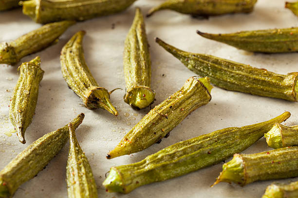 Green Organic Roasted Okra Green Organic Roasted Okra Ready to Eat okra photos stock pictures, royalty-free photos & images