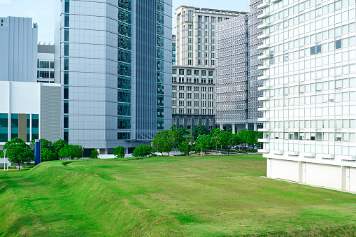 Green Park In Front Of Modern Office Exterior Stock Photo Download Image Now Istock