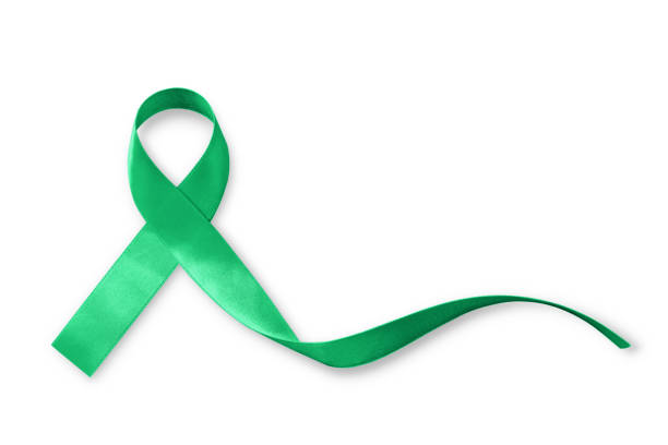 green ribbon awareness symbolic bow for kidney, gallbladder, bile duct cancer, glaucoma, leukemia, traumatic brain injury, and mental health illness (bow isolated on white with clipping path) - world cancer day imagens e fotografias de stock