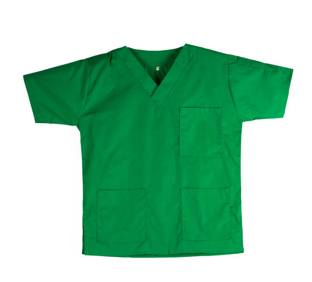 Green scrubs uniform isolated on white background with copy space. Green shirt and for veterinarian, doctor or nurse stock photo