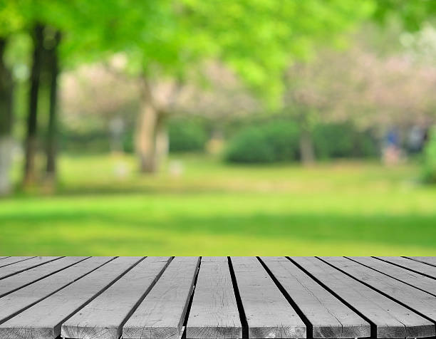 グリーンの春の背景に空の木製プラットフォーム - wood table ストックフォトと画像