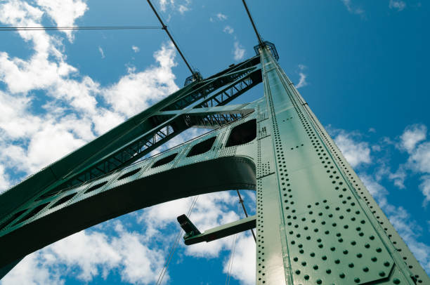 Green steel suspension tower Lions Gate Bridge Vancouver on a summer day stock photo