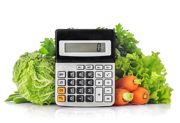 Green vegetables, calculator isolated on a white stock photo