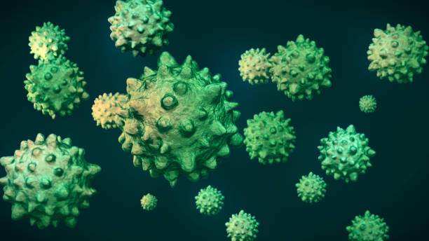 Green virus cells A group of green virus cells floating on dark background bubonic plague photos stock pictures, royalty-free photos & images