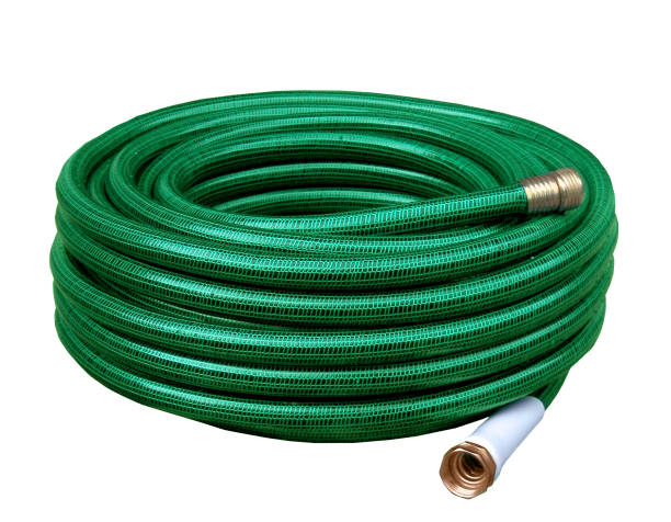 Green yard hose coiled up for storage Shiny new gardening hose. garden hose stock pictures, royalty-free photos & images