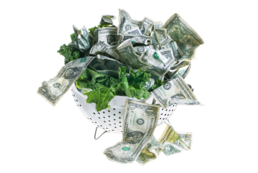 Conceptual image of a dollar currency salad. American dollars and some green lettuce in stainless steel collander. Some dollars spilling out. White background.