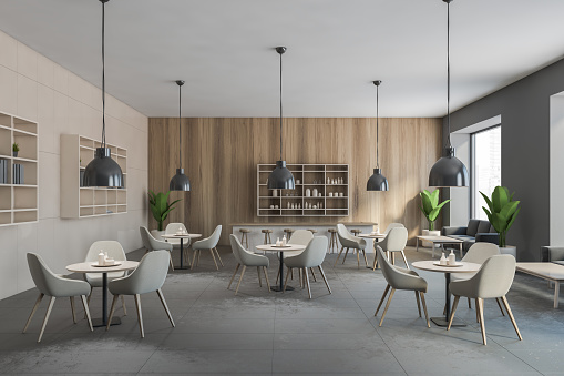 Grey cafe interior, many grey chairs and wooden tables, wooden wall with lamps and bar counter. Illustration of cafe with big window, dining room 3D rendering, no people