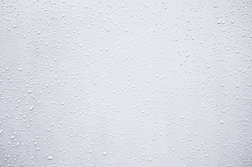 A grayish white coloured background with frosty water drops all over. Textured look backdrop as if rain drops sticking to a wall. There is ample copy space for text, No Text and No people.