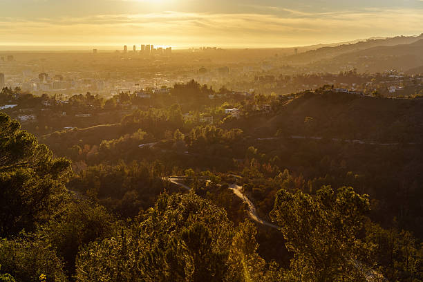 Griffith Park Trails and Century City at Sunset stock photo