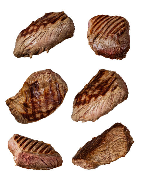 Grilled beef steaks in various kinds, collection on white background Grilled beef steaks in various kinds, collection isolated on white background cooked meat stock pictures, royalty-free photos & images