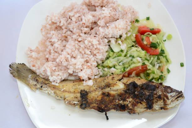 Grilled fish with white rice and cucumber salad and tomatoes stock photo