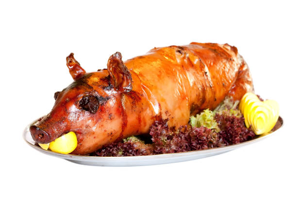 Grilled suckling pig on a plate stock photo