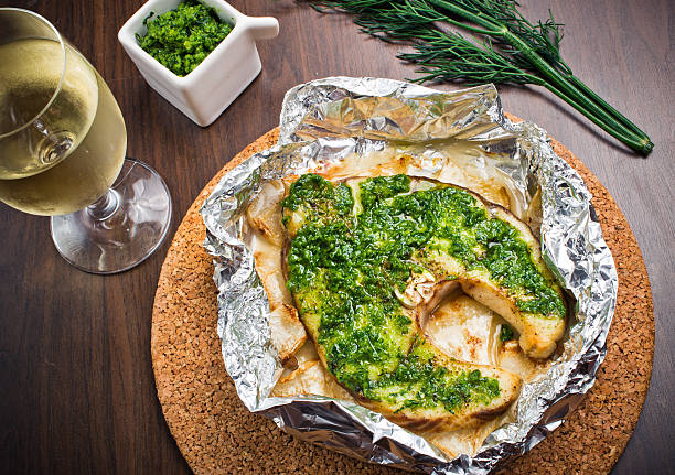 Grilled swordfish fillet with pesto stock photo