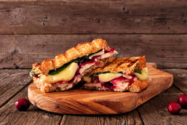 Grilled turkey, cranberry and brie sandwich on a serving board against dark wood Grilled turkey, cranberry and brie sandwich. Side view on a serving board against a dark wood background. spread food photos stock pictures, royalty-free photos & images