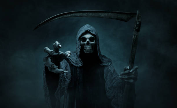 Grim reaper reaching towards the camera Grim reaper reaching towards the camera over dark misty background with copy space Smoking Kills stock pictures, royalty-free photos & images