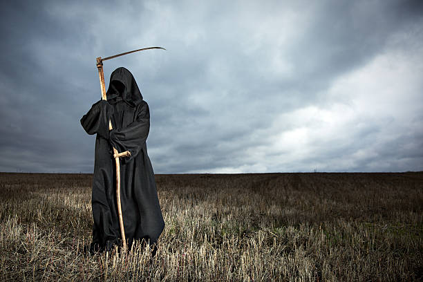 Grim Reaper standing in a field with stormy clouds overhead stock photo