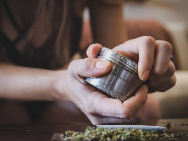 Grinding Marijuana Herb Marijuana flower being ground up so it may be rolled into joint for smoking. marijuana herbal cannabis stock pictures, royalty-free photos & images