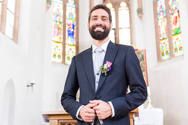 Groom on wedding waiting for bride at altar  wedding suit stock pictures, royalty-free photos & images