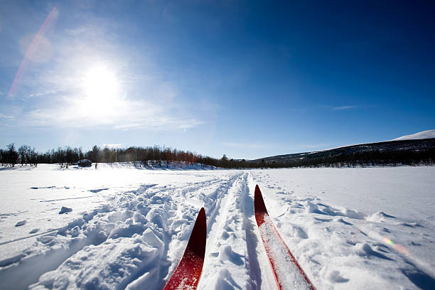 Ground view of red skis traveling on packed snow stock photo