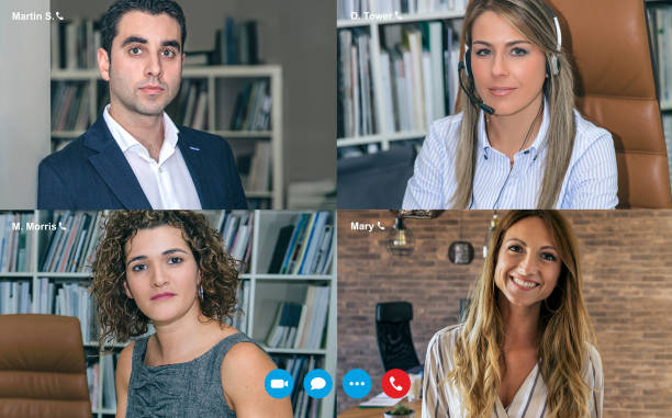 Group business video call screen Group business video call screen with four people four people stock pictures, royalty-free photos & images