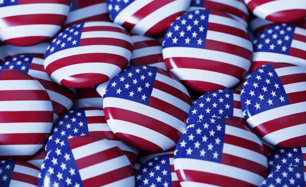 Group of badges textured with American flag. Horizontal composition with selective focus and copy space. Great use for USA and 2020 US Presidential Election related concepts.