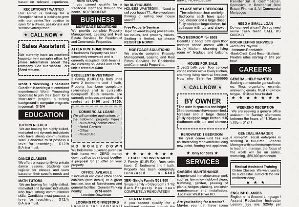 Group of black and white classified adverts in a newspaper stock photo