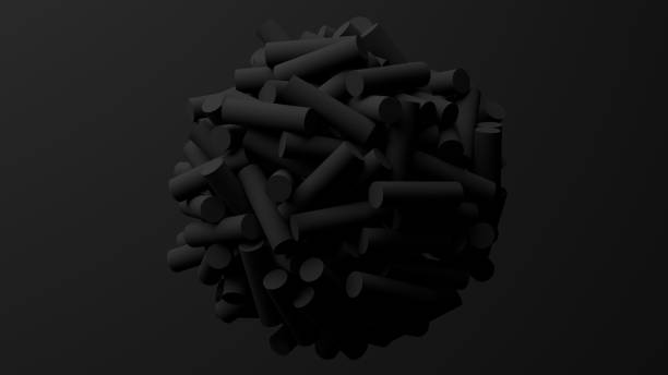 Group of black cylinders, black background. Abstract monochrome illustration, 3d render. stock photo