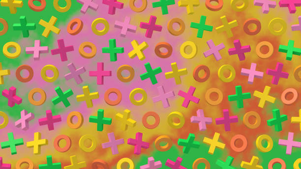 Group of bright colorful crosses and circle shapes. Abstract illustration, 3d render. stock photo