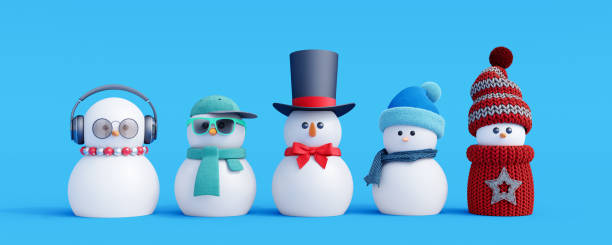 Group of Cute Snowmen on blue background. Winter Holidays background 3d render stock photo