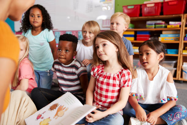 group of elementary school pupils sitting on floor listening to female teacher read story - reading imagens e fotografias de stock