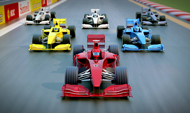 3d group of formula one racing cars - indy 500 bildbanksfoton och bilder