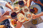 istock Group of friends having a meal outdoors. They are celebrating with a toast using wine 1307289391