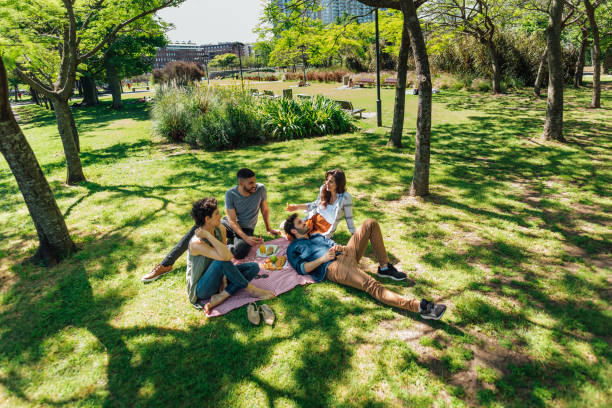Group of friends having picnic on the lawn in the park stock photo