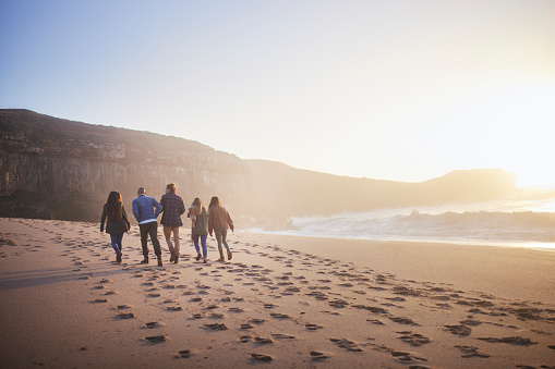 Back-view of group of friends walking together on the beach at sunset