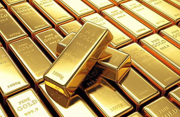 Group of gold bars Group of gold bars with two ingots on top. Financial success, business investment and wealth concept. 3D illustration gold bar stock pictures, royalty-free photos & images