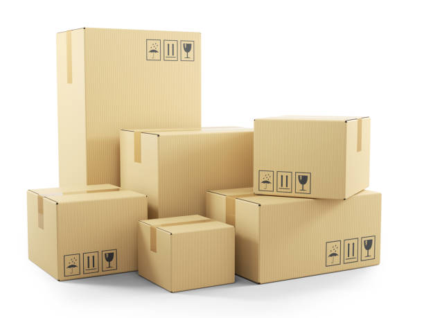 groep van goederen in kartonnen dozen - box stockfoto's en -beelden