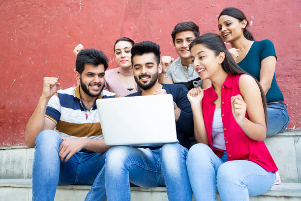 Group of happy college student:- stock photo Adult, adult only, India, college student, campus, teenager students exam results stock pictures, royalty-free photos & images