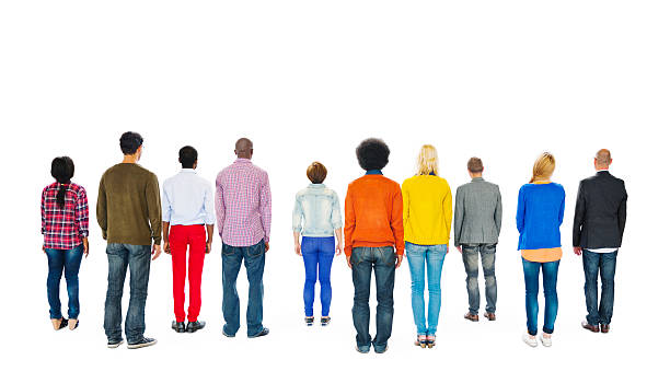 Group of Multiethnic Colourful People Facing Backwards Group of Multiethnic Colourful People Facing Backwards behind stock pictures, royalty-free photos & images