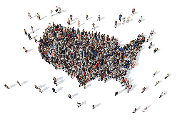 3D render of a group of people arranged in the shape of the United states of America map