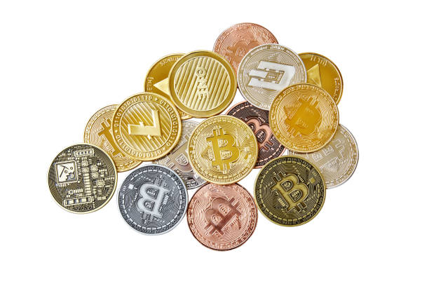 Bangkok, Thailand - April 3, 2018: A group of physical Bitcoin, Ethereum, Litecoin and Dash on white background with clipping path, Top view A group of physical Bitcoin, Ethereum (ETH), Litecoin, Dash in various colours (Gold, Bronze, copper) on white background, Cryptocurrencies concept - Top view with clipping path With Ethereum stock pictures, royalty-free photos & images