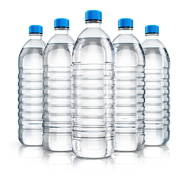 Group of plastic drink water bottles stock photo