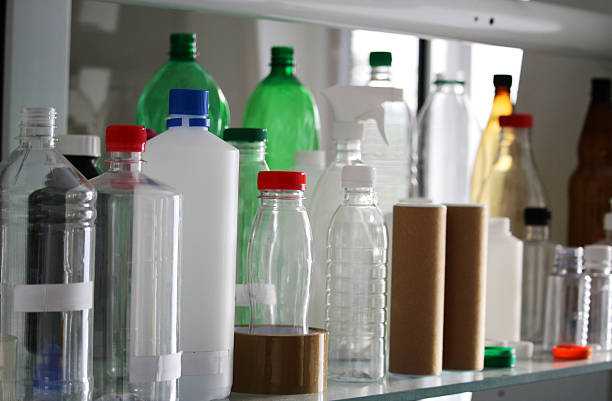 Group of plastic PET bottles for beverage stock photo