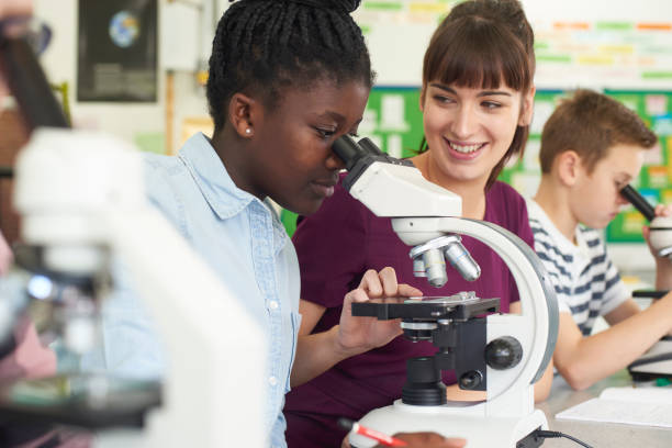 Group Of Pupils With Teacher Using Microscopes In Science Class Group Of Pupils With Teacher Using Microscopes In Science Class middle school teacher stock pictures, royalty-free photos & images