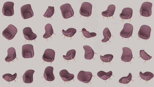 Group of purple armchairs flying. Abstract illustration, 3d render. stock photo