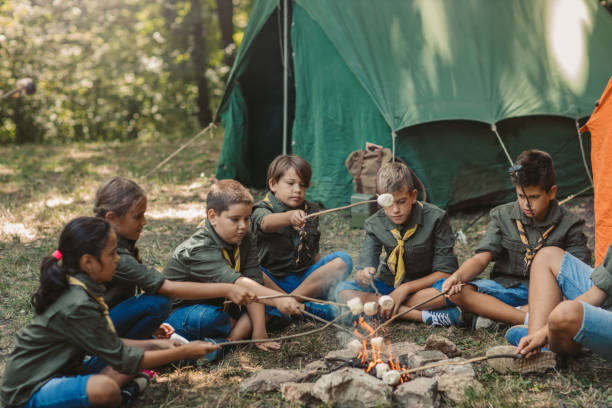 Group Of Scouts Roast Marshmallow Candies On Campfire In Forest Group of scouts roast marshmallow candies on campfire in forest. boy scout camping stock pictures, royalty-free photos & images