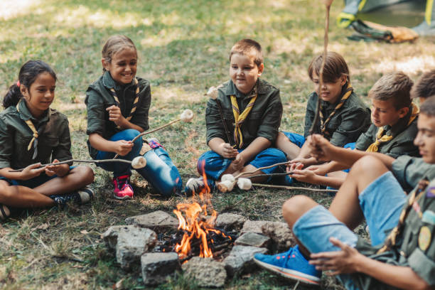 Group Of Scouts Roast Marshmallow Candies On Campfire In Forest Group of scouts roast marshmallow candies on campfire in forest. scout camp stock pictures, royalty-free photos & images