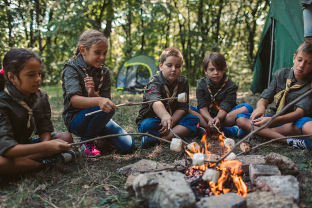Group Of Scouts Roast Marshmallow Candies On Campfire In Forest Group of scouts roast marshmallow candies on campfire in forest. boy scout camping stock pictures, royalty-free photos & images