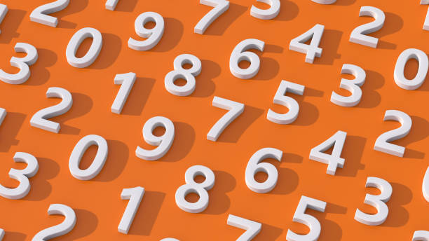 Group of white numbers. Orange background. Abstract illustration, 3d render. stock photo